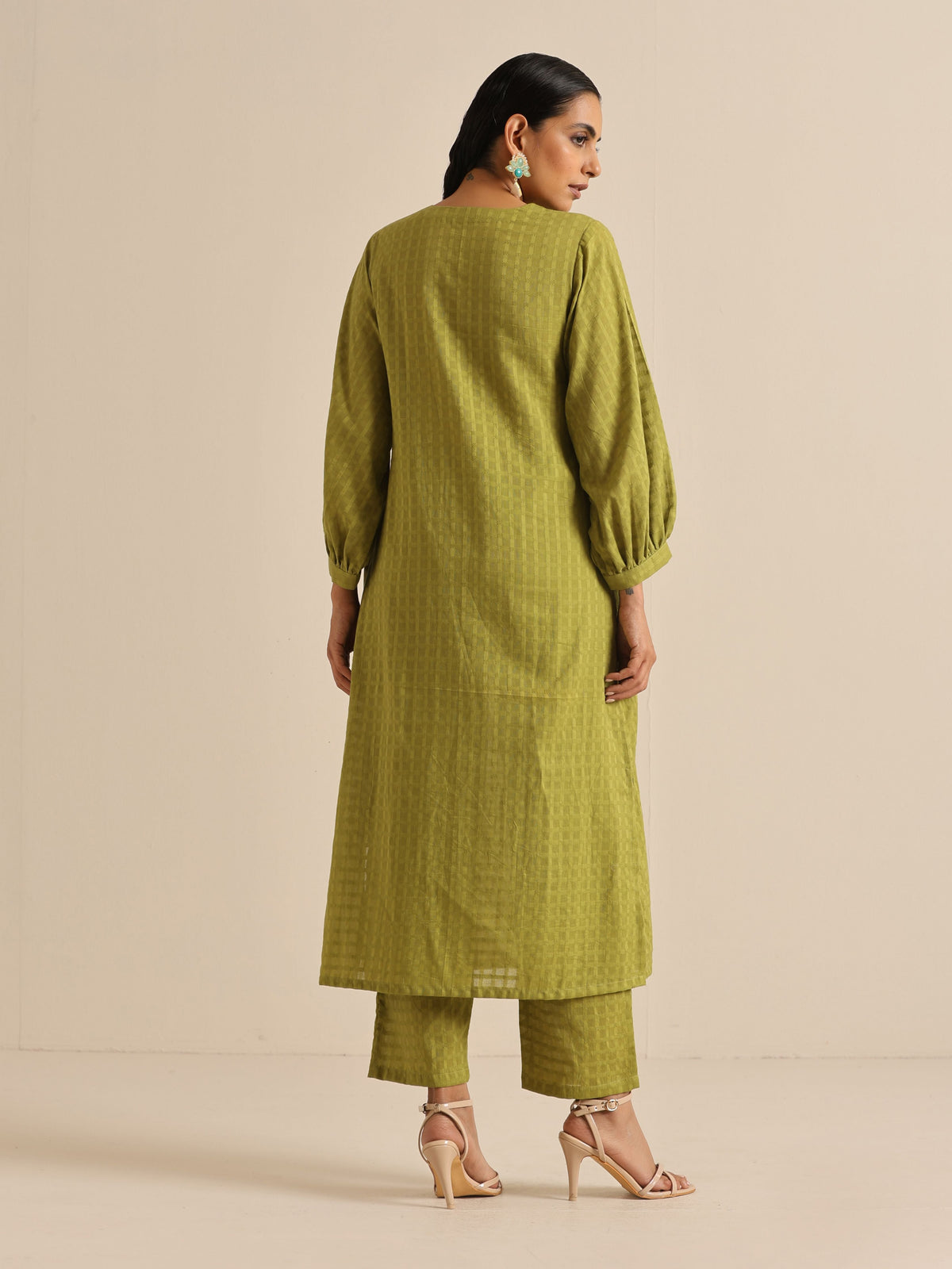 trueBrowns Fresh Green Dobby Puff Sleeve Kurta Pant Set | Grocsy