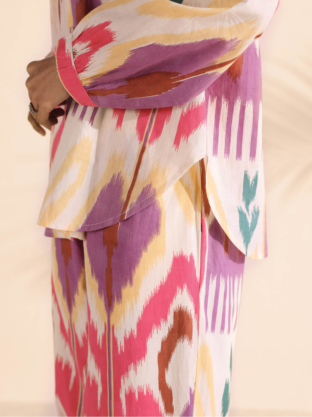 trueBrowns Pink Cotton Ikat Shirt Co-ord Set | Grocsy