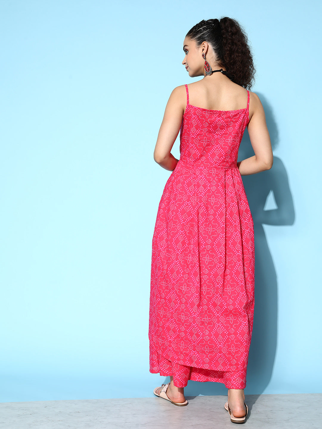 InWeave Women's Pink Bandhani Strappy Kurta Set | Grocsy
