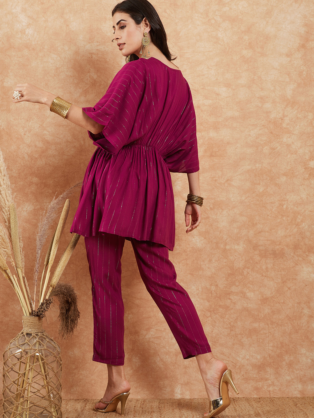 InWeave Women's Magenta Lurex V Neck Gota Kaftan Style Kurta Set | Grocsy
