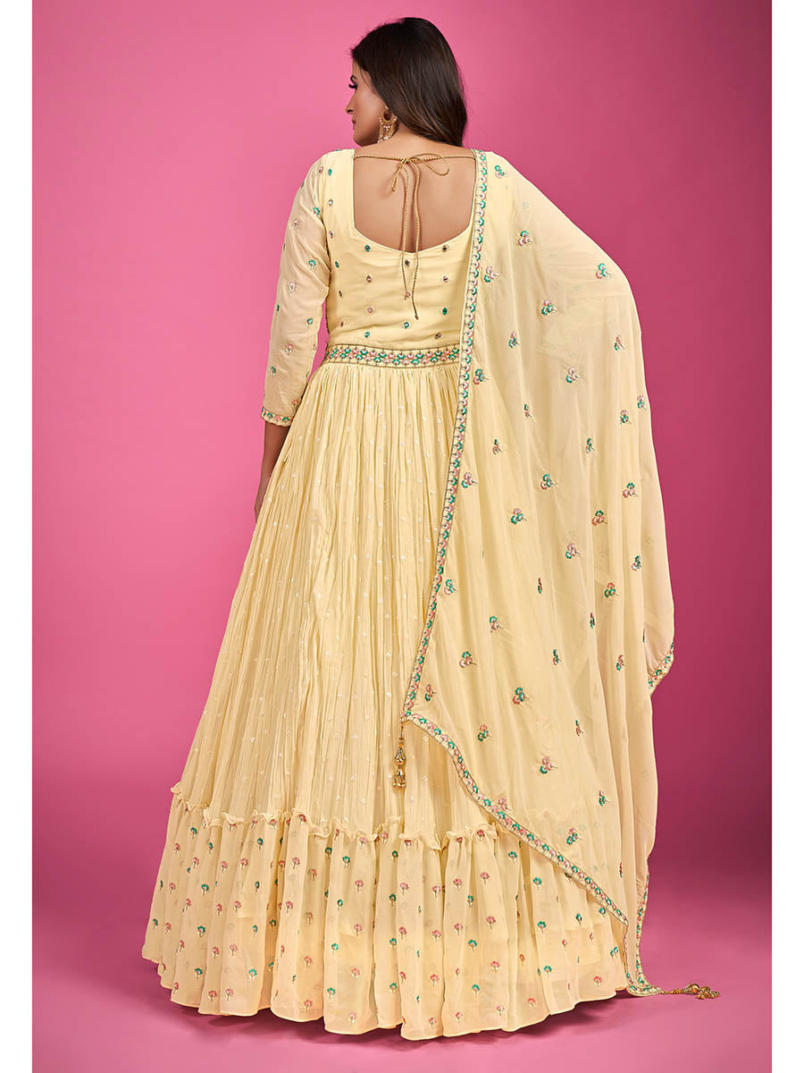 Myra Yellow Pure Georgette Embroidered Gown | Grocsy