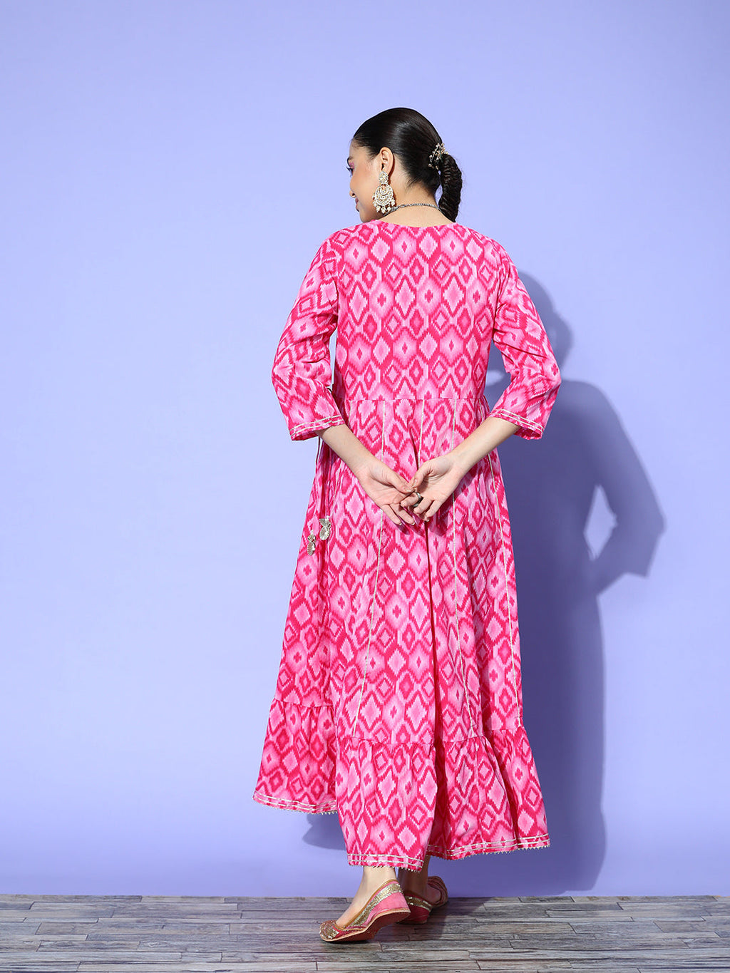 InWeave Women's Abstract Pink Print Long Dress With Work | Grocsy