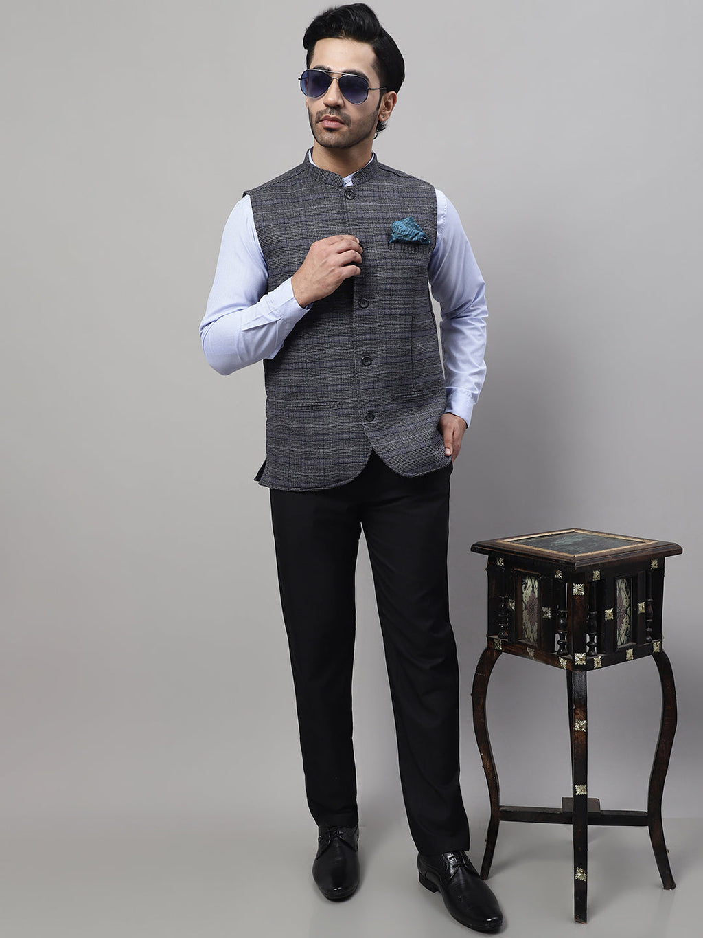 Even Apparels Men's Grey Nehru Jacket With Welt Pockets | Grocsy