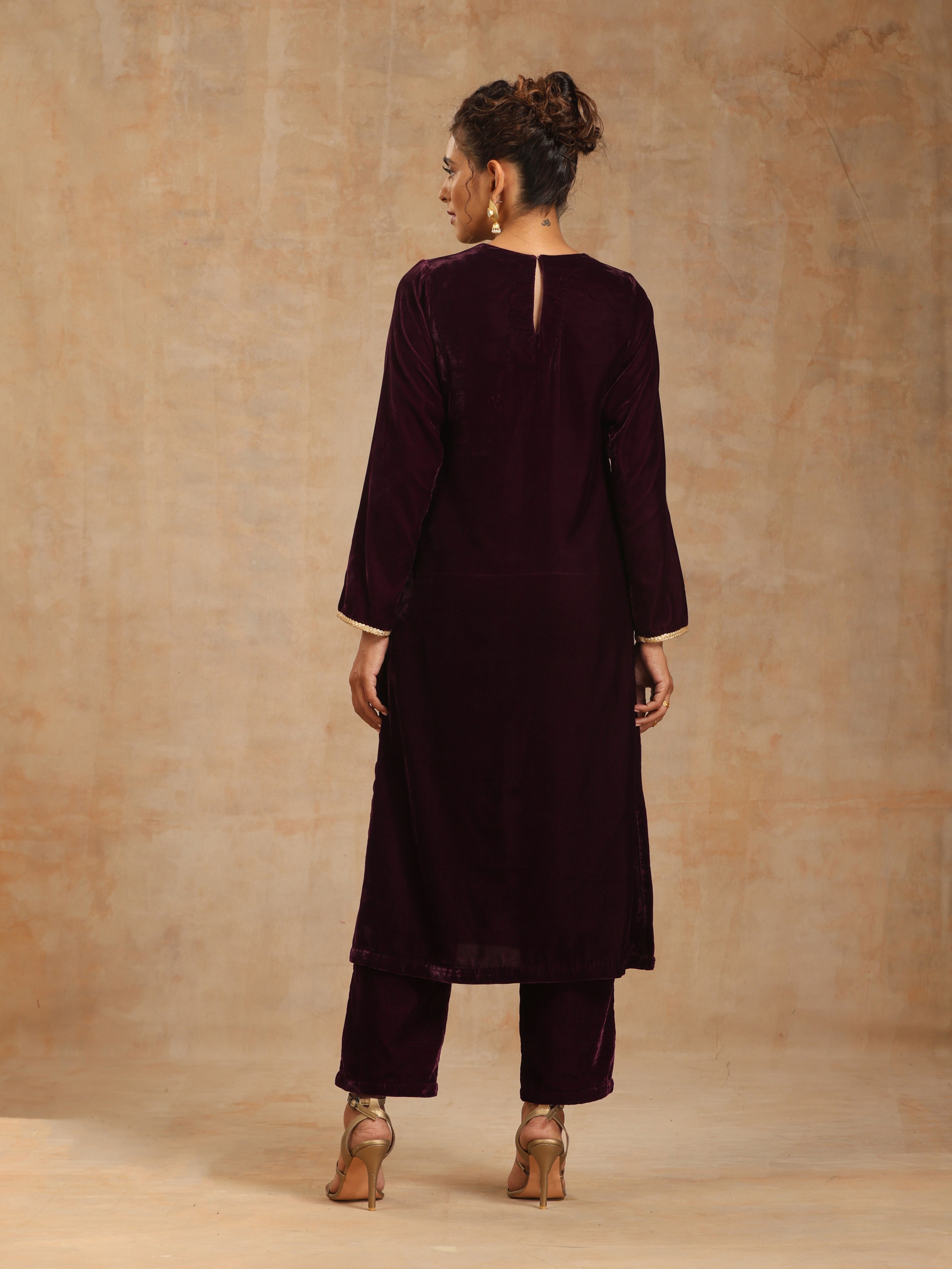 trueBrowns Wine Velvet Yoke Embroidered Kurta | Grocsy