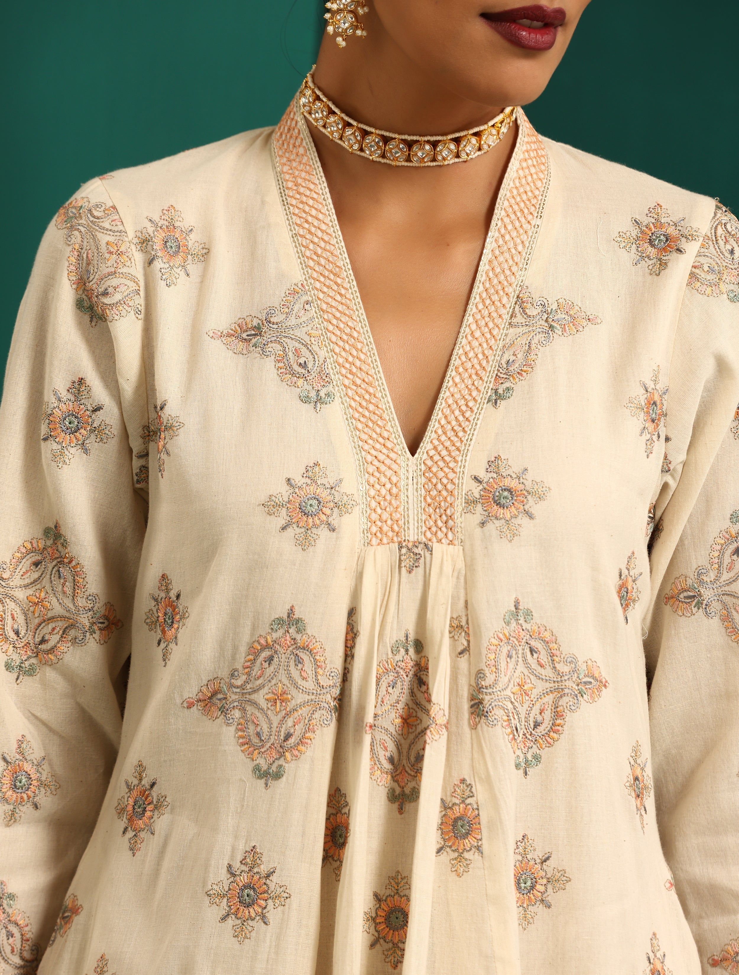 trueBrowns Ivory Peach Cotton Front Gathered Kurta Pant Set | Grocsy
