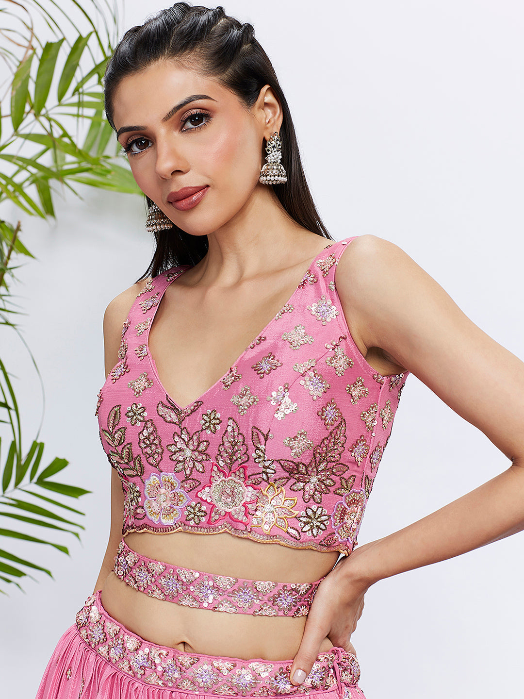 House of Panchhi Lime Green Chiffon Sequins And Thread Embroidery Lehenga Choli & Dupatta | Grocsy