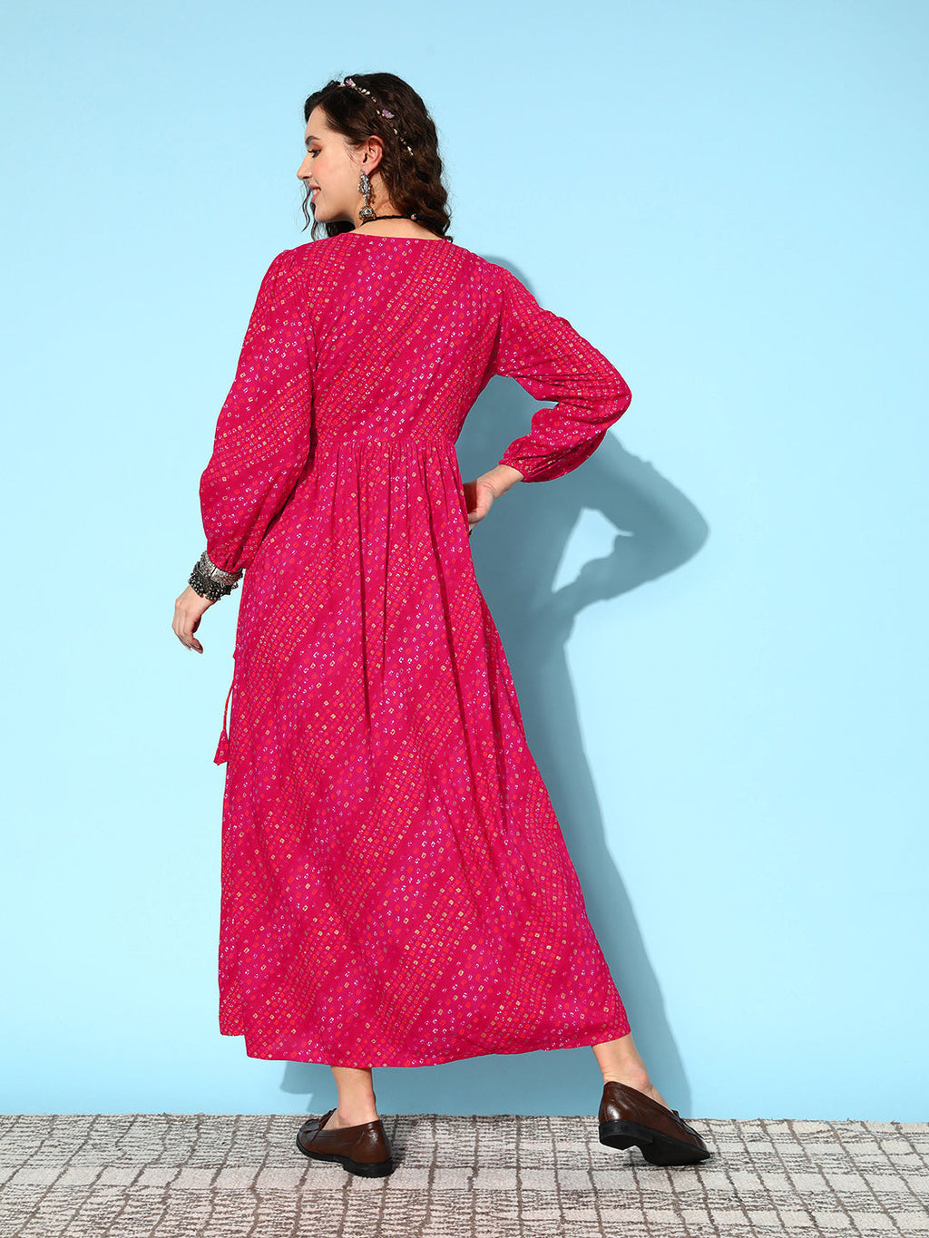 InWeave Women's Maroon Ethnic Print Wrapped Long Dress | Grocsy