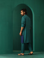 trueBrowns Men's Blue Color Block Silk Long Kurta | Grocsy