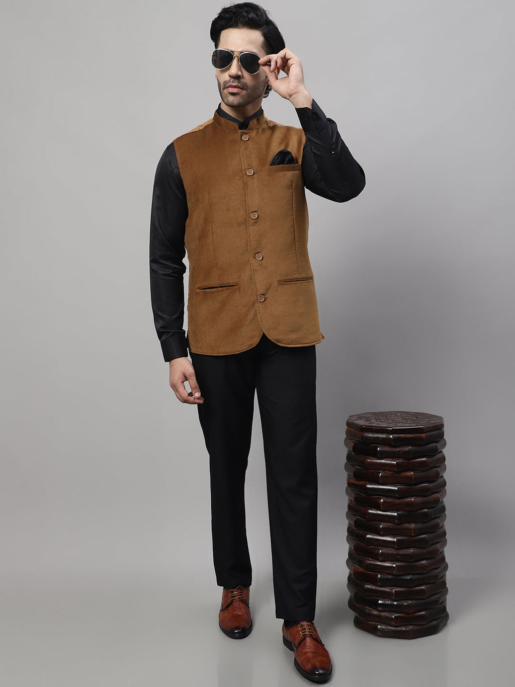 Even Apparels Men's Brown Nehru Jacket With Welt Pockets | Grocsy