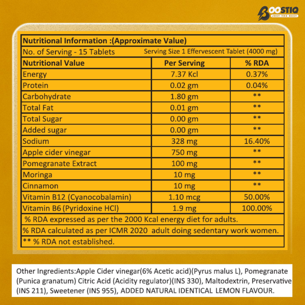 BOOSTIQ ACV Moringa & Cinnamon Effervescent Tablets - Lemon Flavour | Grocsy