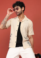 Fabmade Beige Bloom Embroidered Resort Shirt | Grocsy