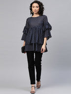 Ahalyaa Women Navy Blue & Golden Polka Dots Print Tiered Beautiful Tunic | Grocsy