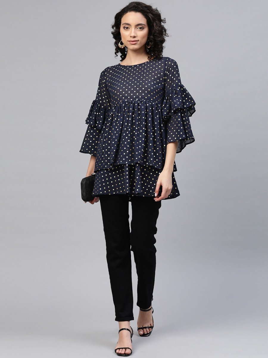 Ahalyaa Women Navy Blue & Golden Polka Dots Print Tiered Beautiful Tunic | Grocsy