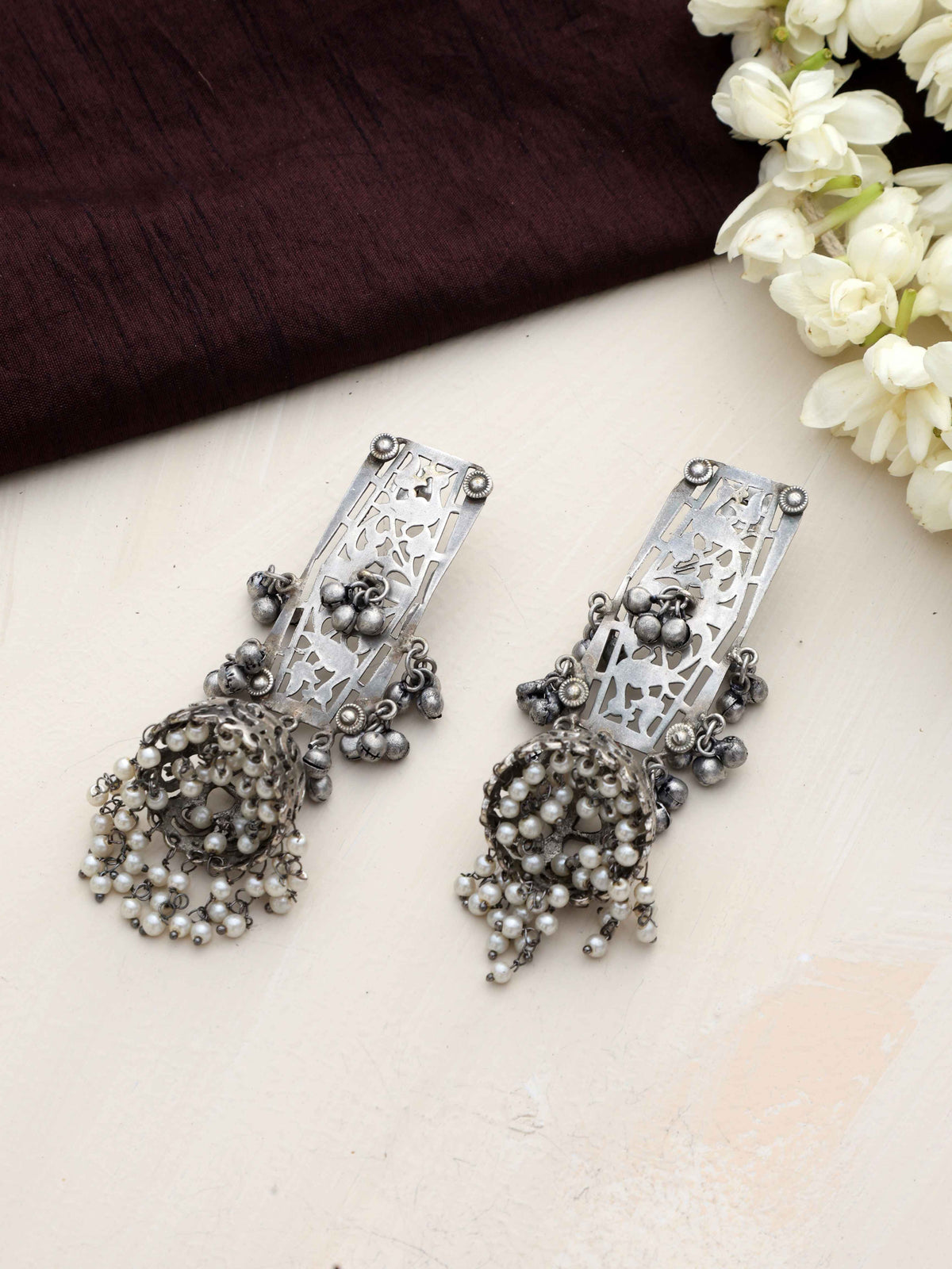 trueBrowns Silver Tone Floral Jhumka Earrings | Grocsy