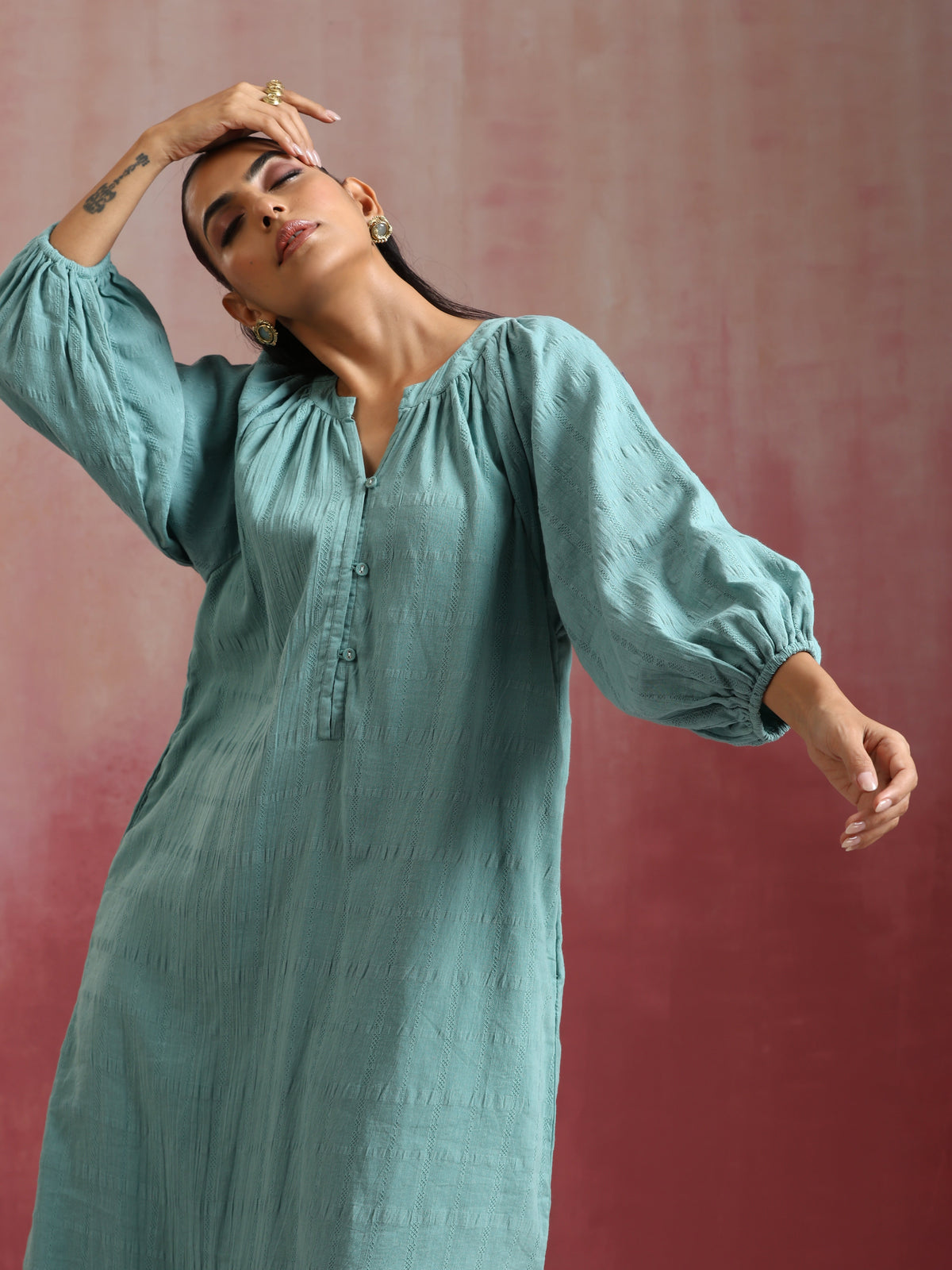 trueBrowns Aqua Blue Cotton Dobby Dress | Grocsy