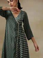 trueBrowns Dark Green Bandhani Printed Silk Angrakha Kurta Pant Set | Grocsy