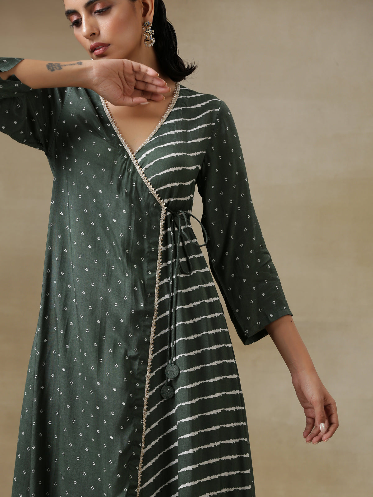 trueBrowns Dark Green Bandhani Printed Silk Angrakha Kurta Pant Set | Grocsy