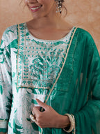 InWeave Women's White Teal Lurex Leaf Print Patch Gota Kurta Set W Teal Dupatta | Grocsy
