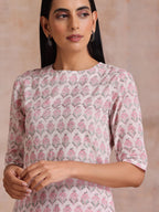 trueBrowns Pink Green Floral On White Block Print Cotton Slit Kurta Pant Set | Relove | Grocsy