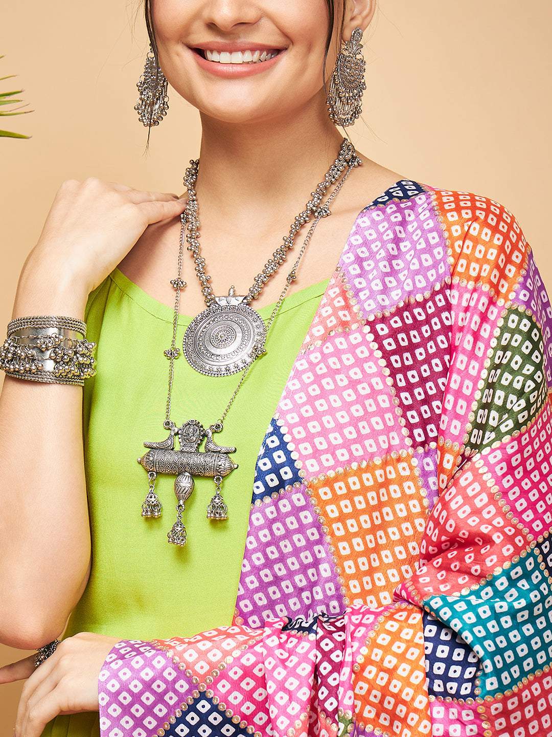 InWeave Women's Lime Green Strappy Set W Square Bandhani Print Silk Dupatta | Grocsy