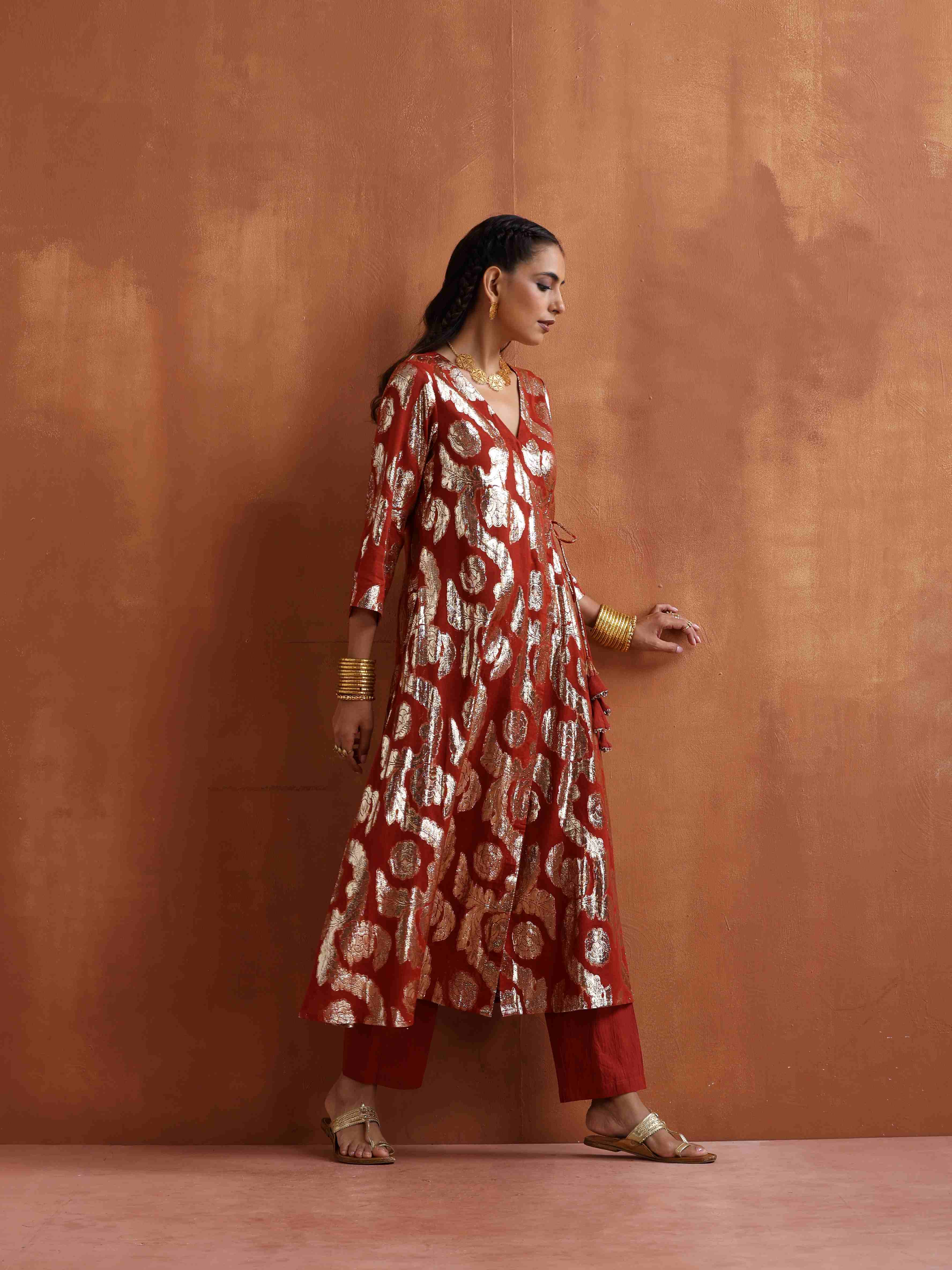 trueBrowns Rust Metallic Angrakha Kurta Set | Grocsy