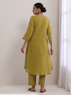 trueBrowns Avacado Green Dobby Flared Slit Kurta Pant Set | Grocsy
