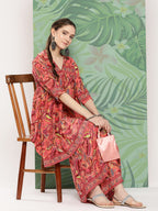 InWeave Women's Peach Camelia Printed Ethnic Kurta Set | Grocsy