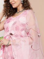 InWeave Women's Pink Printed Chintz Tiered Sharara Set With Dupatta | Grocsy