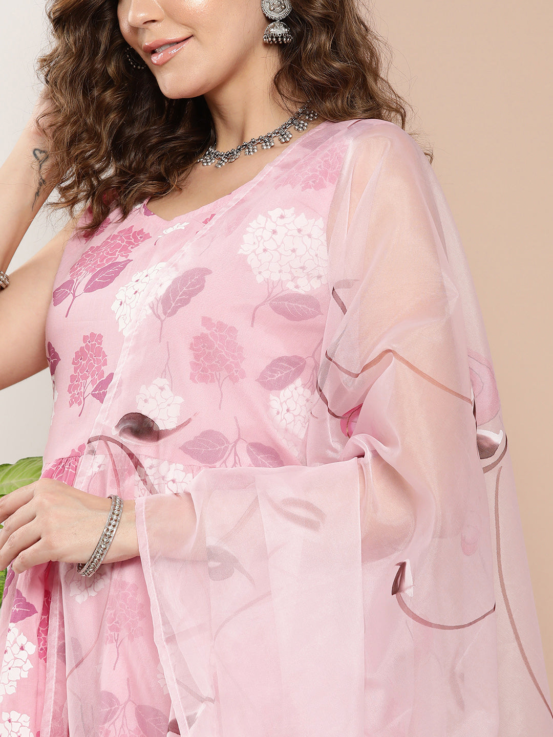 InWeave Women's Pink Printed Chintz Tiered Sharara Set With Dupatta | Grocsy