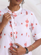 trueBrowns White Cotton Print Flared Kurta Set | Grocsy