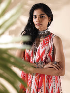 trueBrowns Maroon Cotton Ikat Flared Co-ord Set | Grocsy