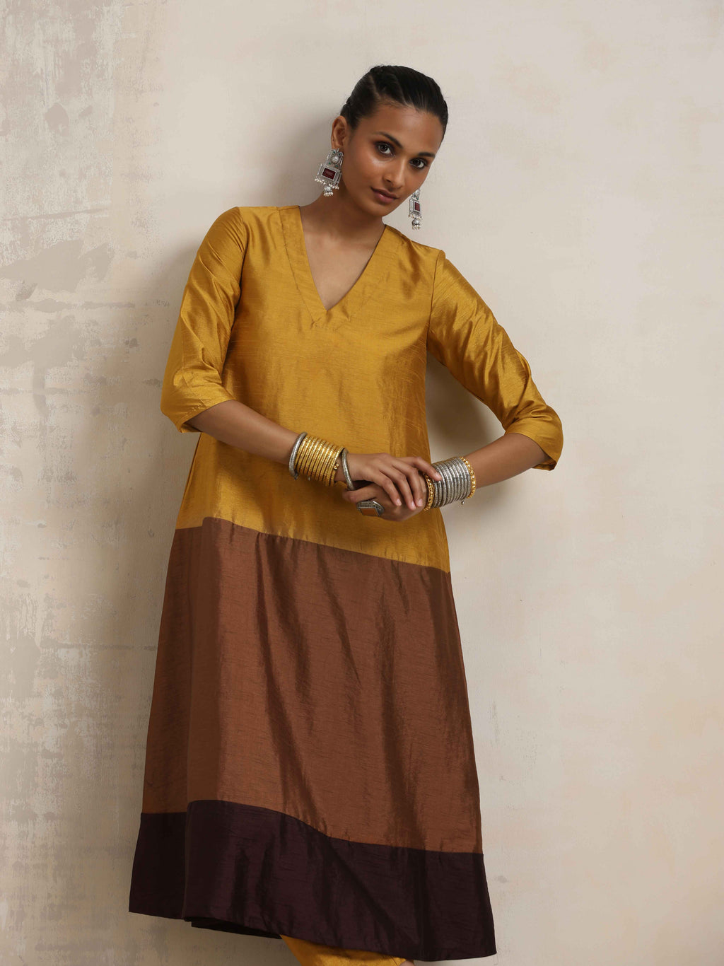 trueBrowns Gold Brown Silk A-line Kurta Set | Grocsy