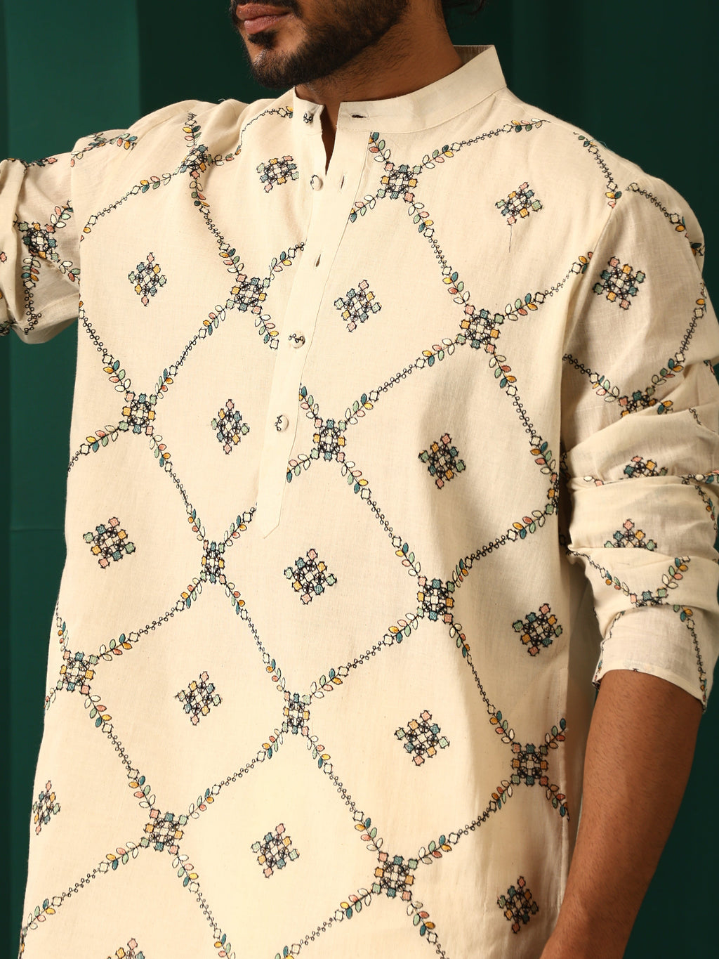 trueBrowns Men's Ivory Rhombus Cotton Kurta | Grocsy