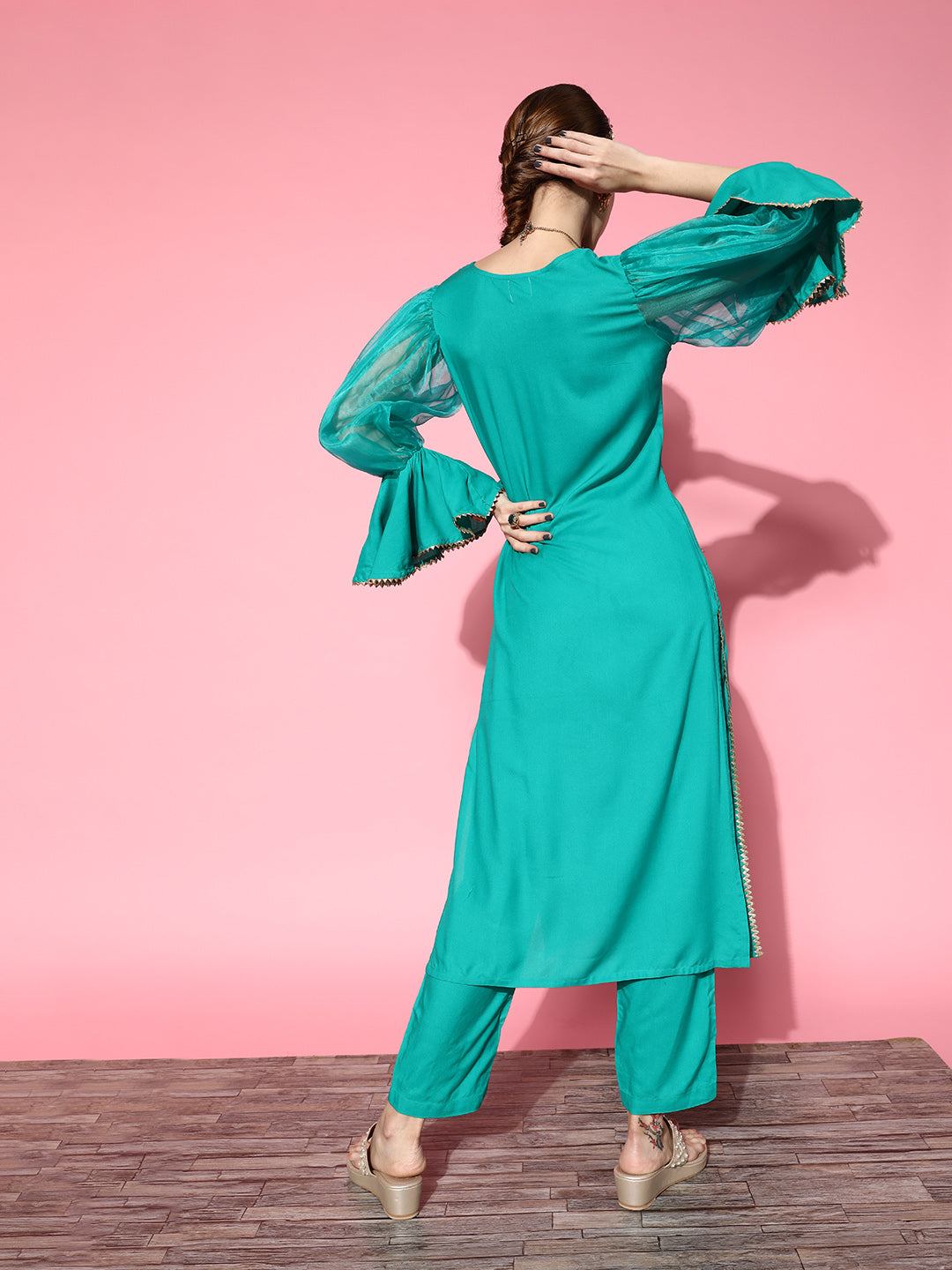 InWeave Women's Aqua Organza Sleeve Gota Work Kurta Set | Grocsy