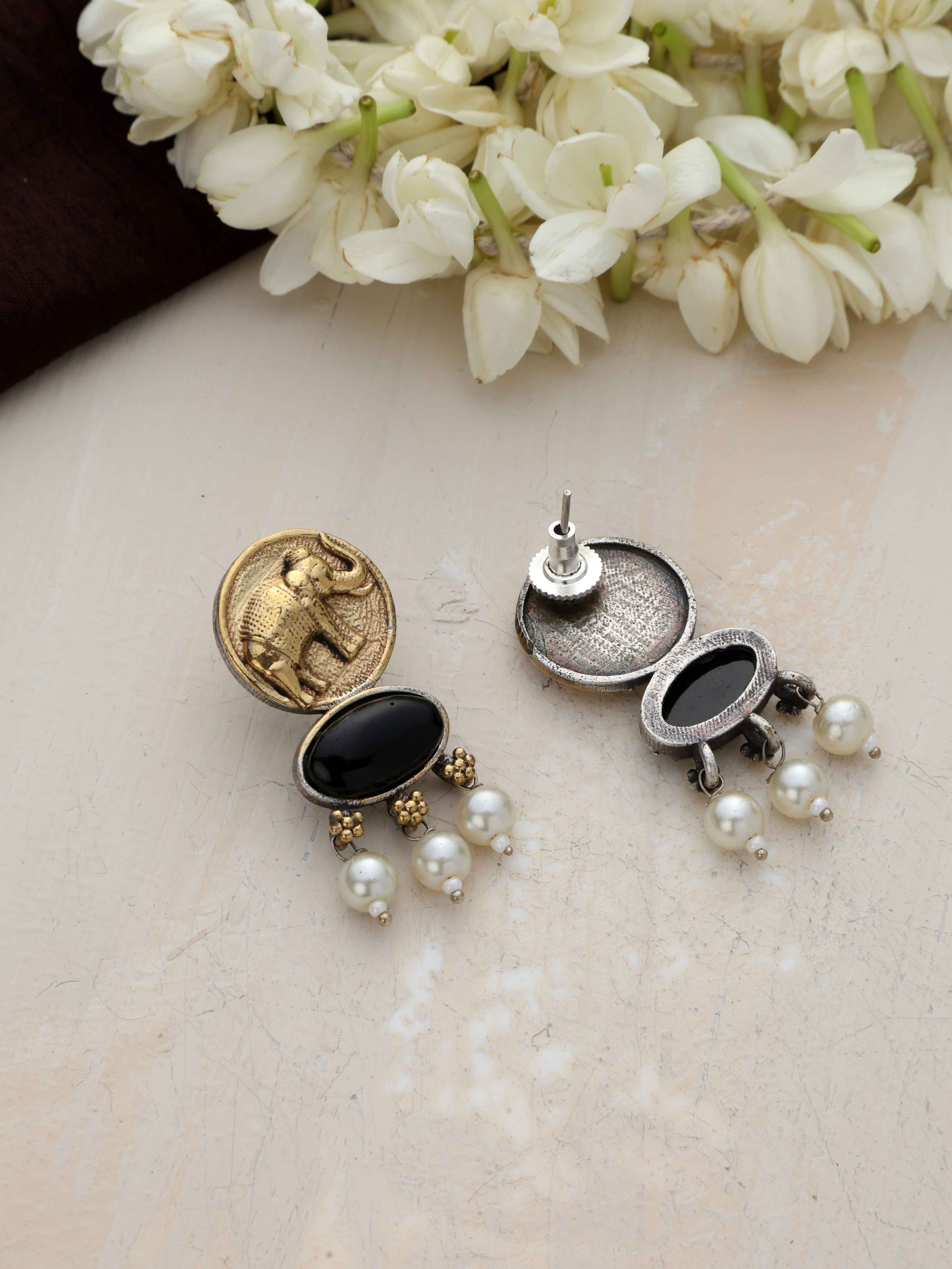 trueBrowns Gold Elephant Embossed Dangle Earrings | Grocsy