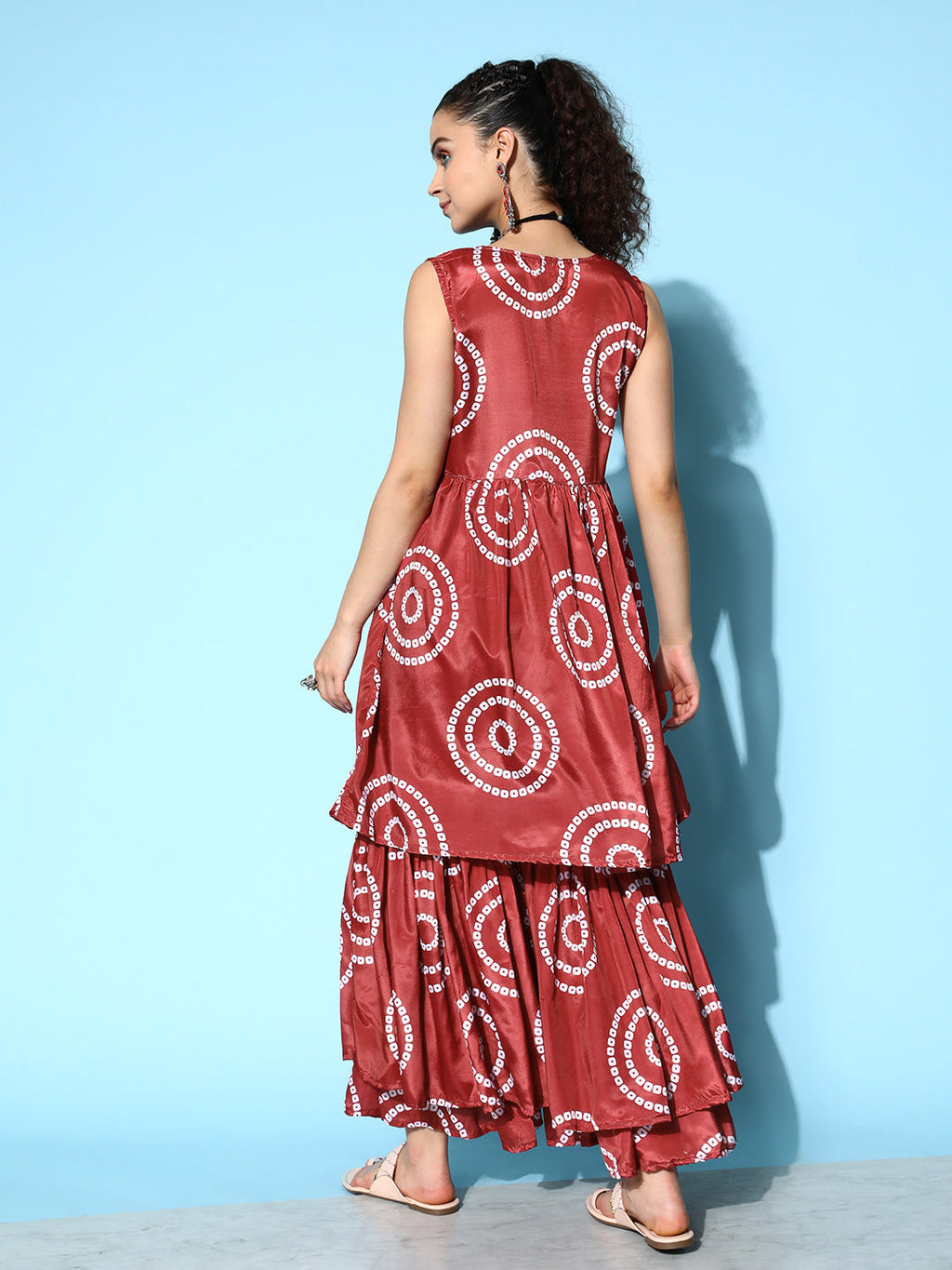 InWeave Women's Maroon Bandhani Motif Tiered Sharara Set | Grocsy