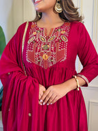 The52 Women's Gorgeous Vichitra Silk Embroidery Flared Kurta with Palazzo And Dupatta Set | Grocsy