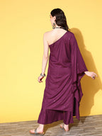 InWeave Women's Wine Mirror Work One Shoulder Kurta Set | Grocsy