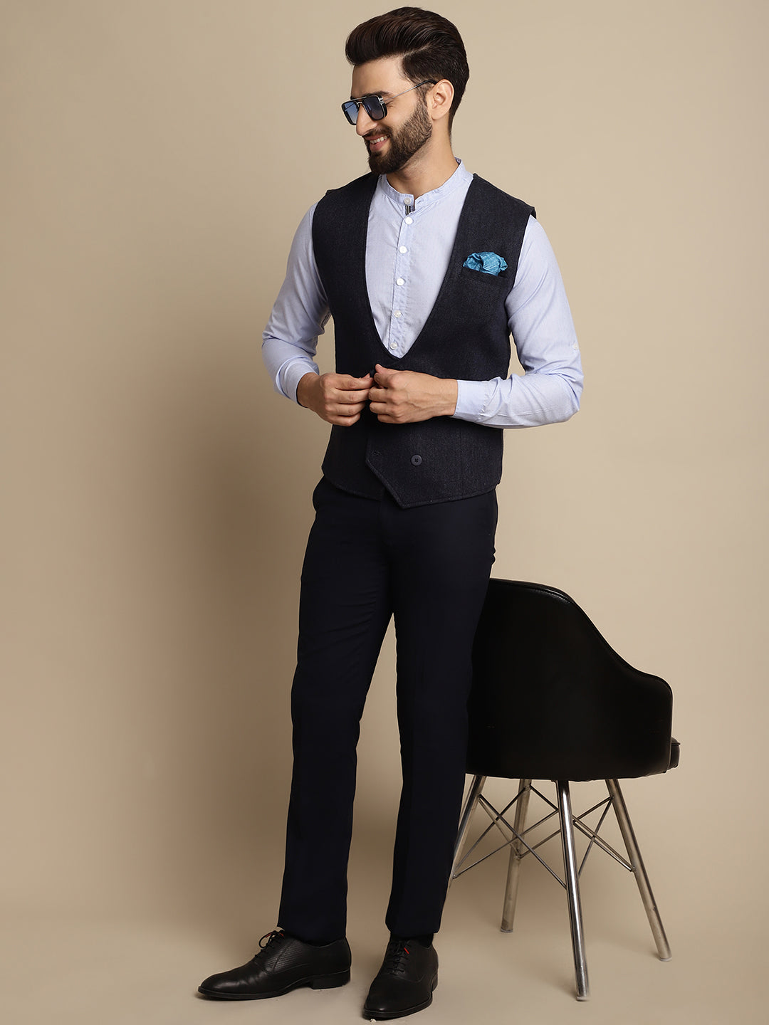Even Apparels Men's Blue Woolen Double Breast Waistcoat | Grocsy