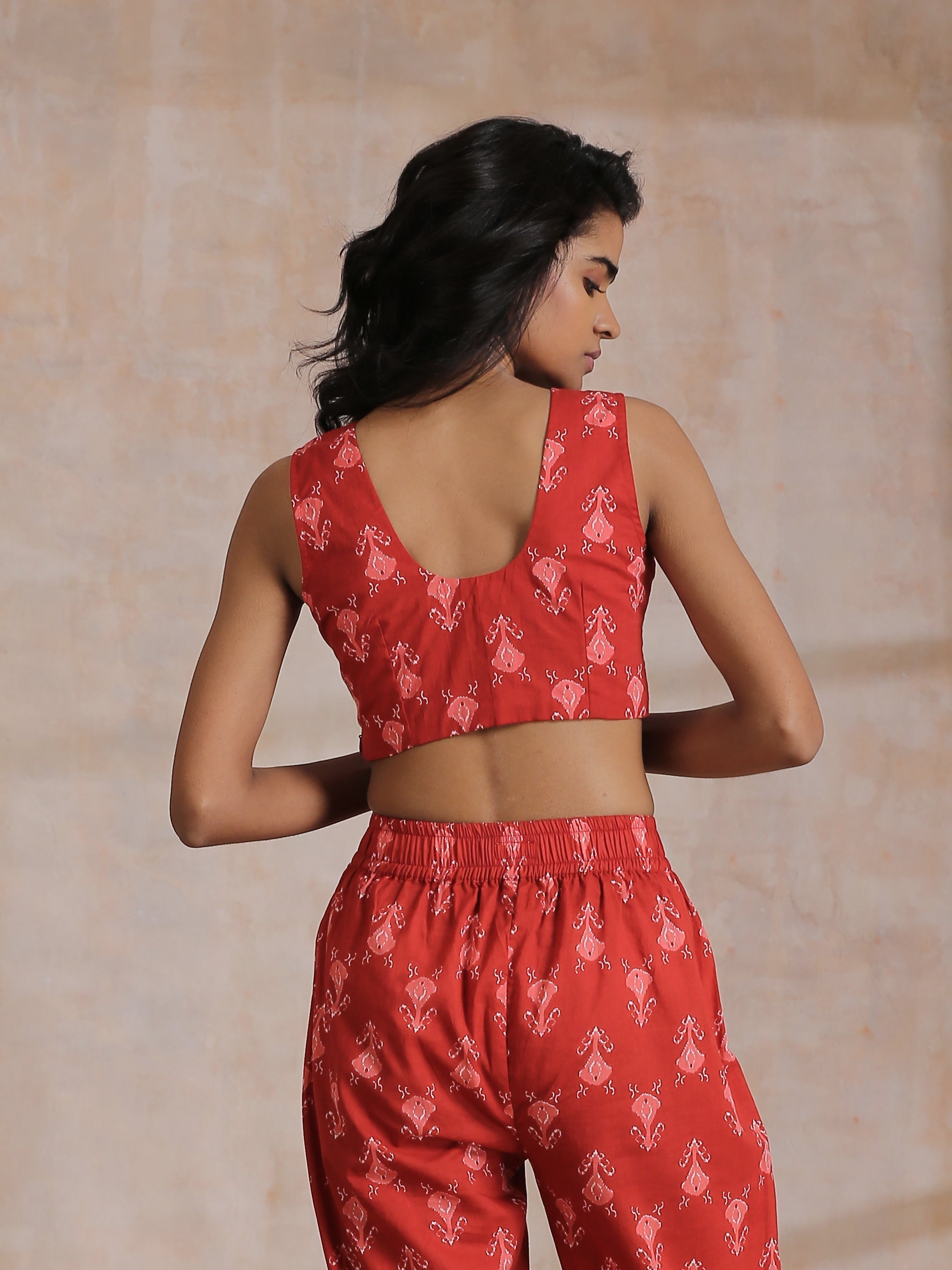 trueBrowns Red On Red Ikat Print Cotton Pant Suit Set | Grocsy