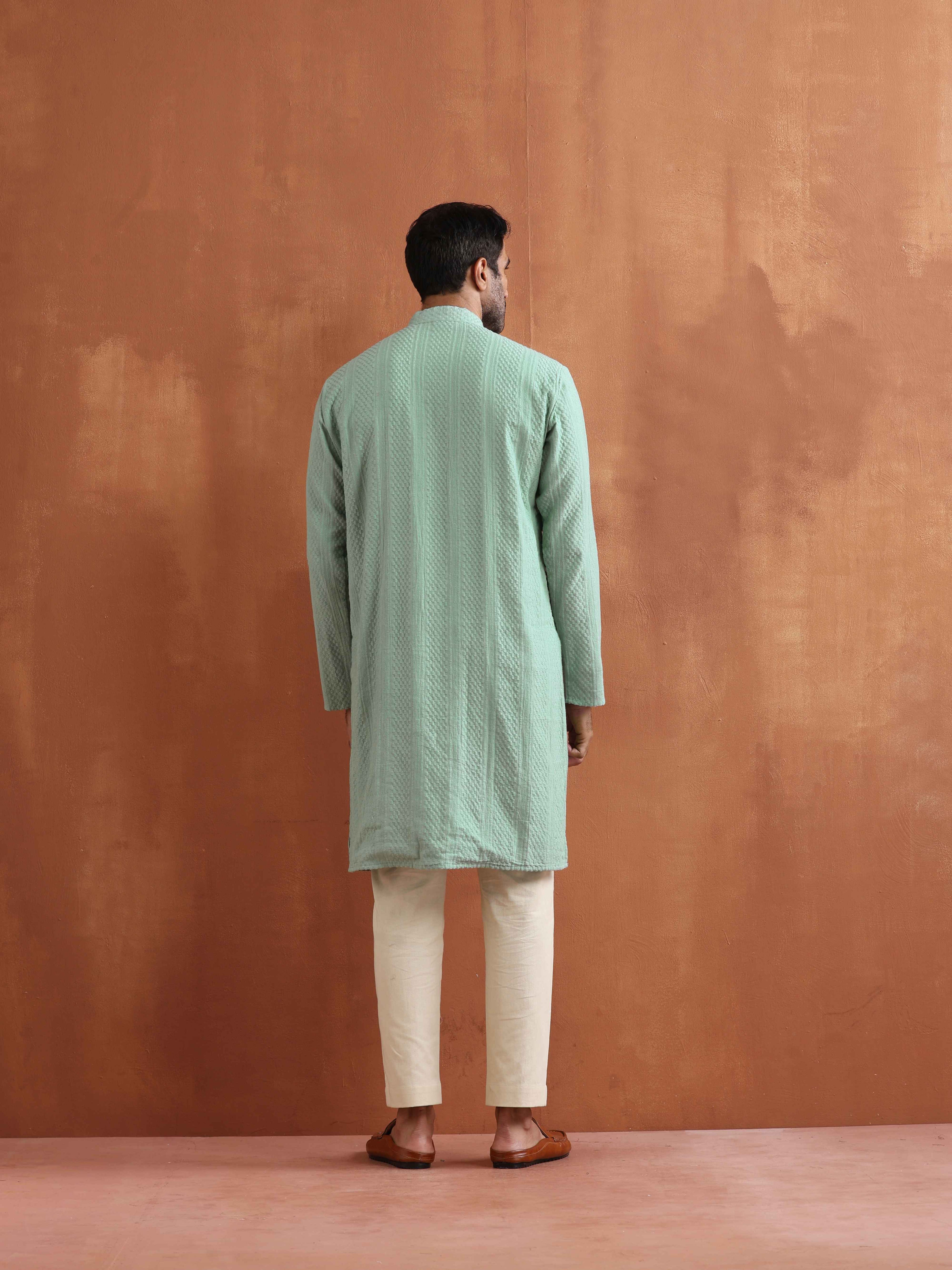 trueBrowns Men's Green Cotton Dobby Kurta | Grocsy