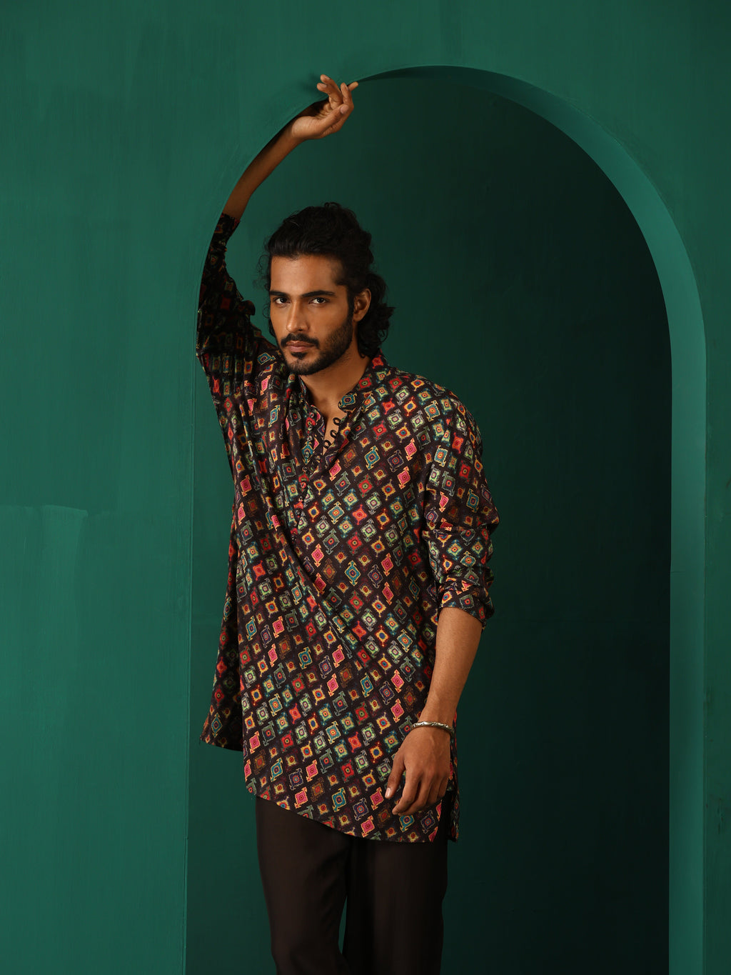 trueBrowns Men's Black Ikat Muslin Silk Printed Co-ord Set | Grocsy