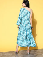 InWeave Women's Sea Blue One Shoulder Rayon Dress | Grocsy