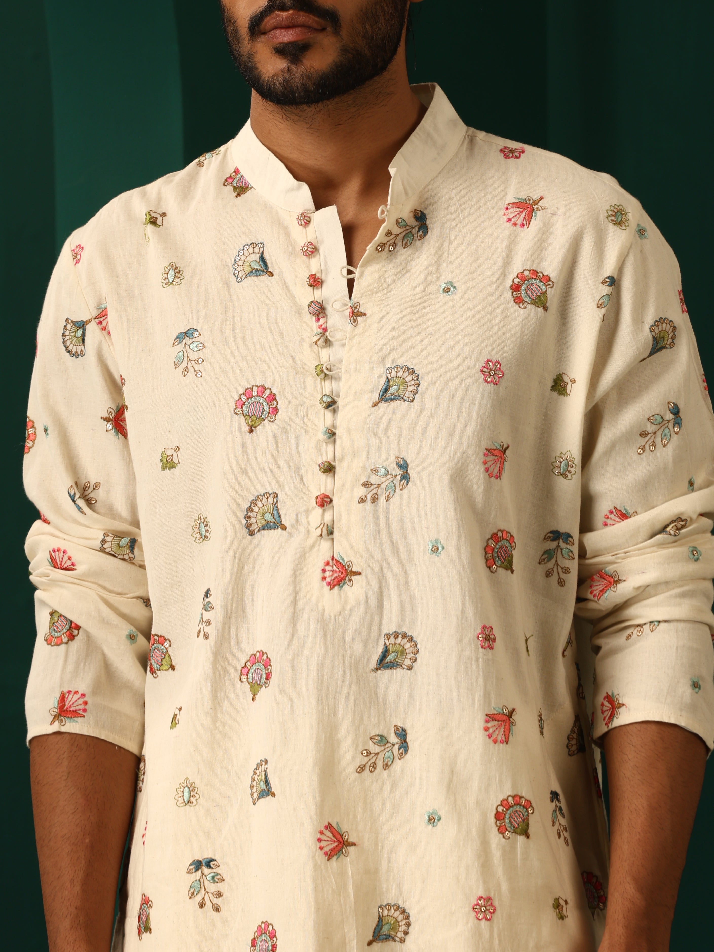 trueBrowns Men's Ivory Multi color Floral Cotton Co-ord Set | Grocsy