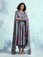 trueBrowns Grey Printed Velvet Shawl | Grocsy