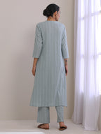trueBrowns Eggshell Blue Dobby Neck Pleat Kurta Pant Set | Grocsy