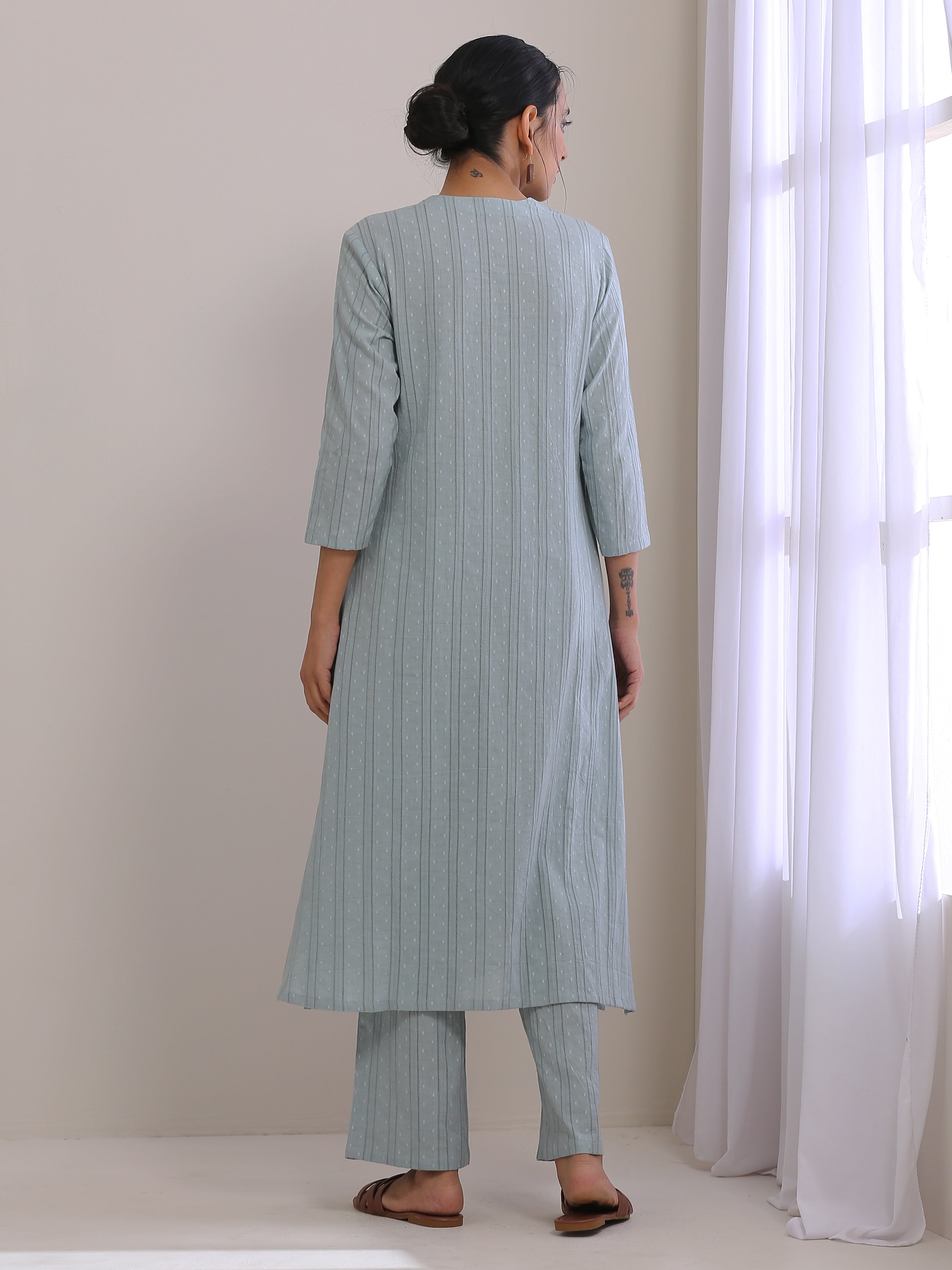 trueBrowns Eggshell Blue Dobby Neck Pleat Kurta Pant Set | Grocsy