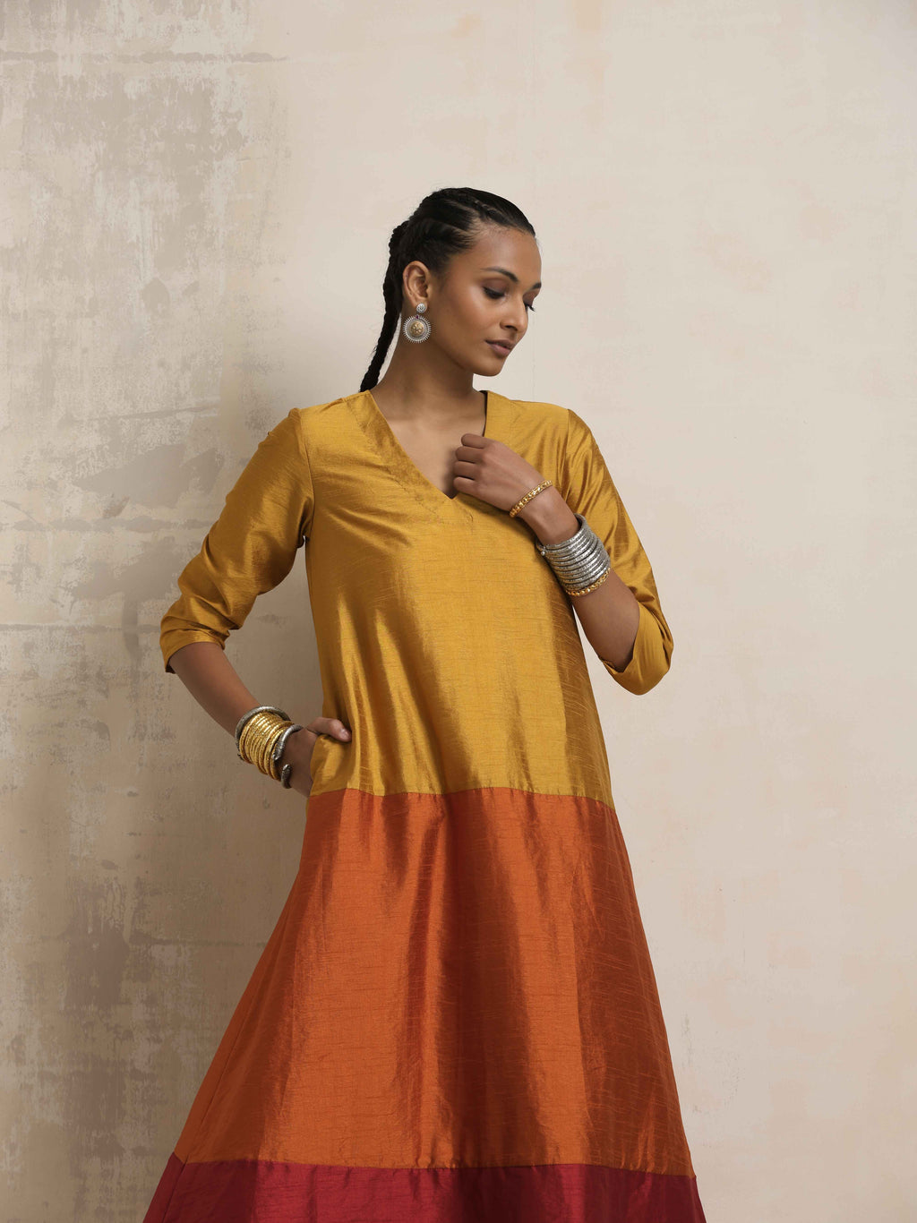 trueBrowns Gold Orange Silk A-line Kurta Set | Grocsy