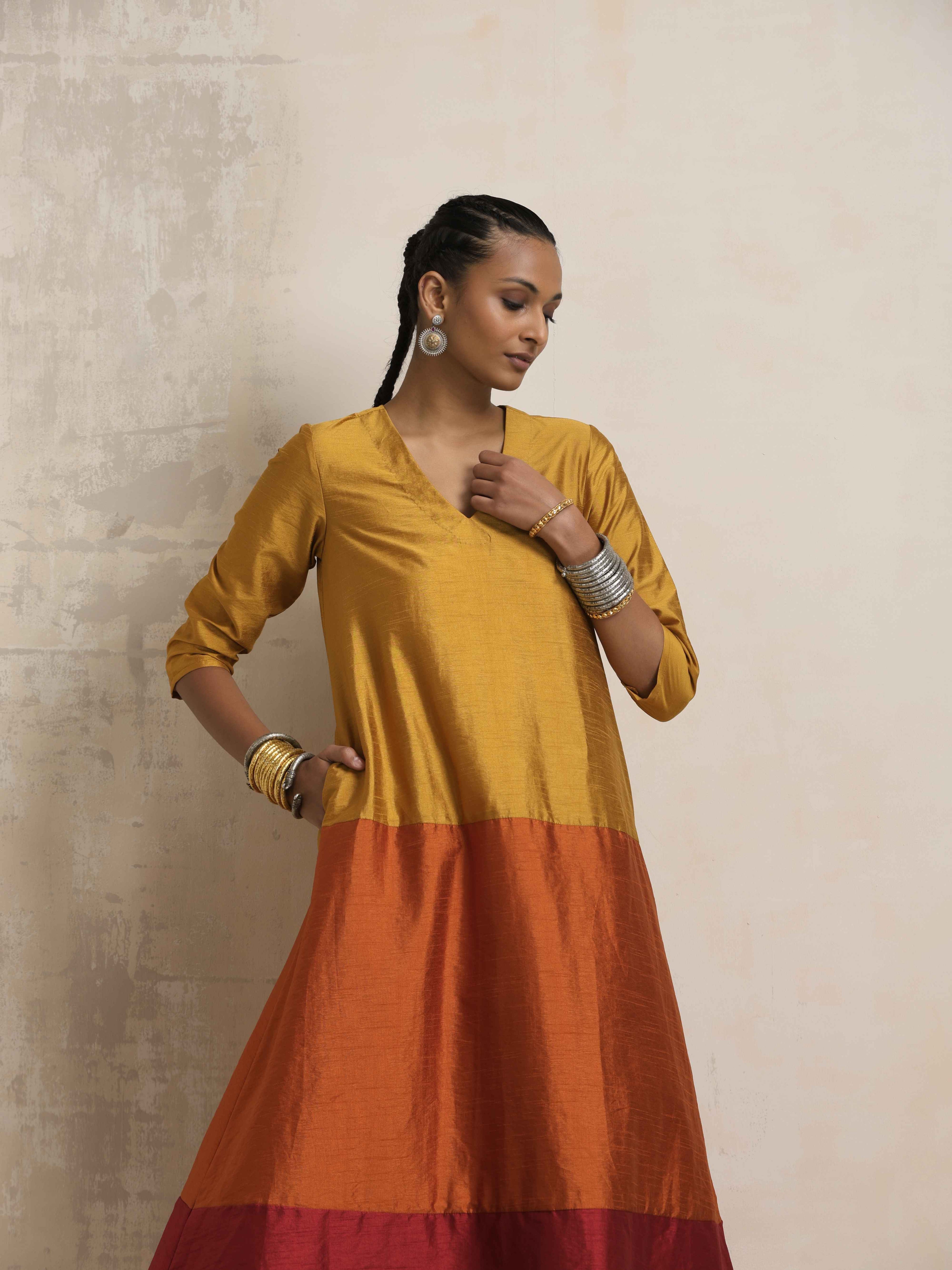 trueBrowns Gold Orange Silk A-line Kurta Set | Grocsy