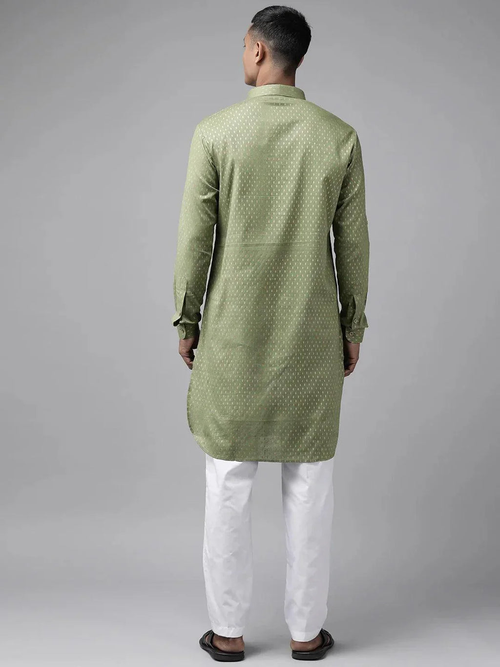 Fabmade Pure Cotton Olive Green Printed Pathani Kurta | Grocsy